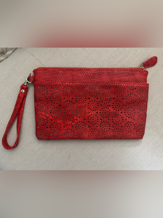 Chico's Handbags - Chico’s Red Faux Leather Snakeskin Embossed Studded Wristlet Clutch Bag